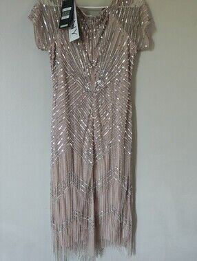 Beaded Fringe Pink Evening Dress MGNY Size 10 NWT gown